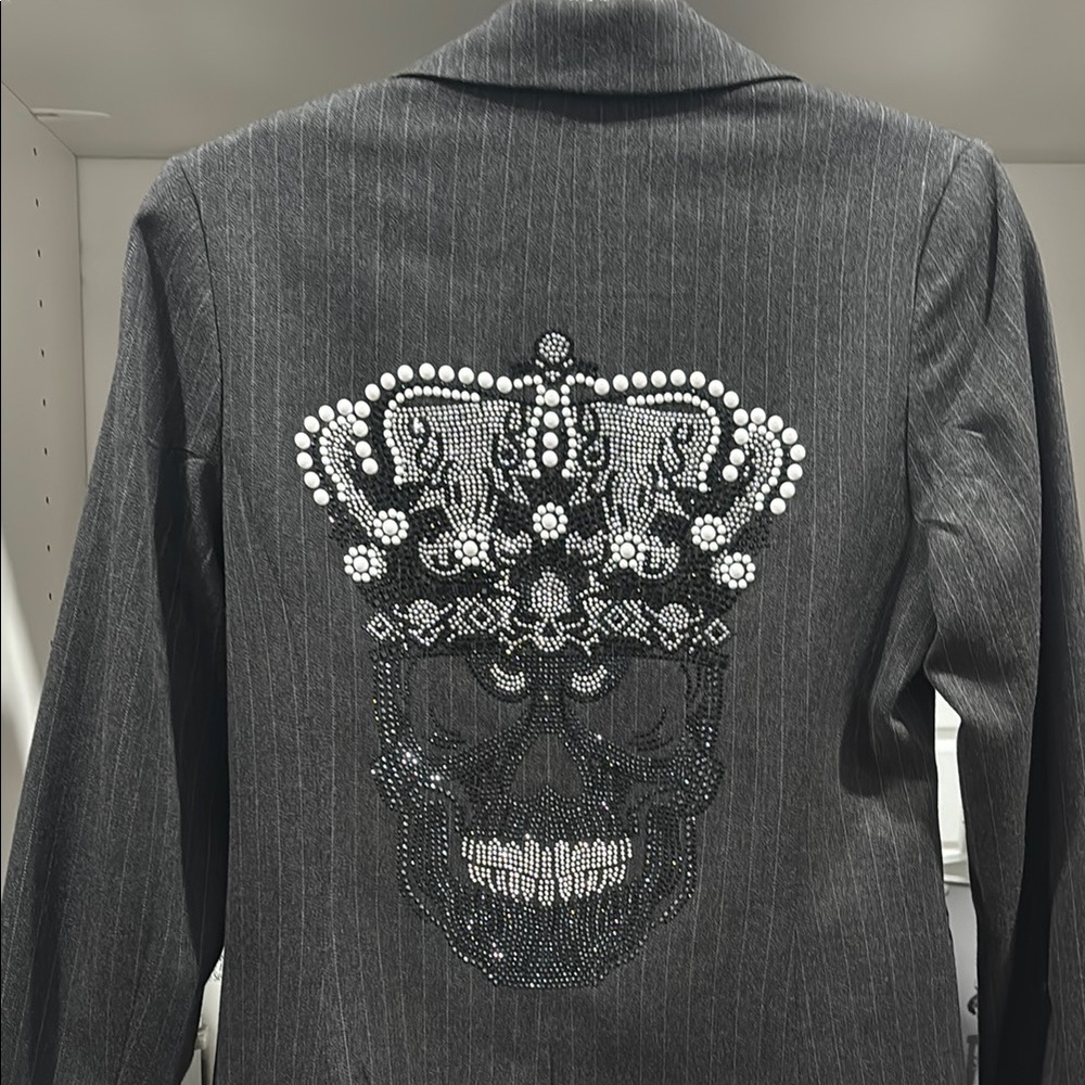 Gray Pinstripe Blazer with Skull and Crown Design